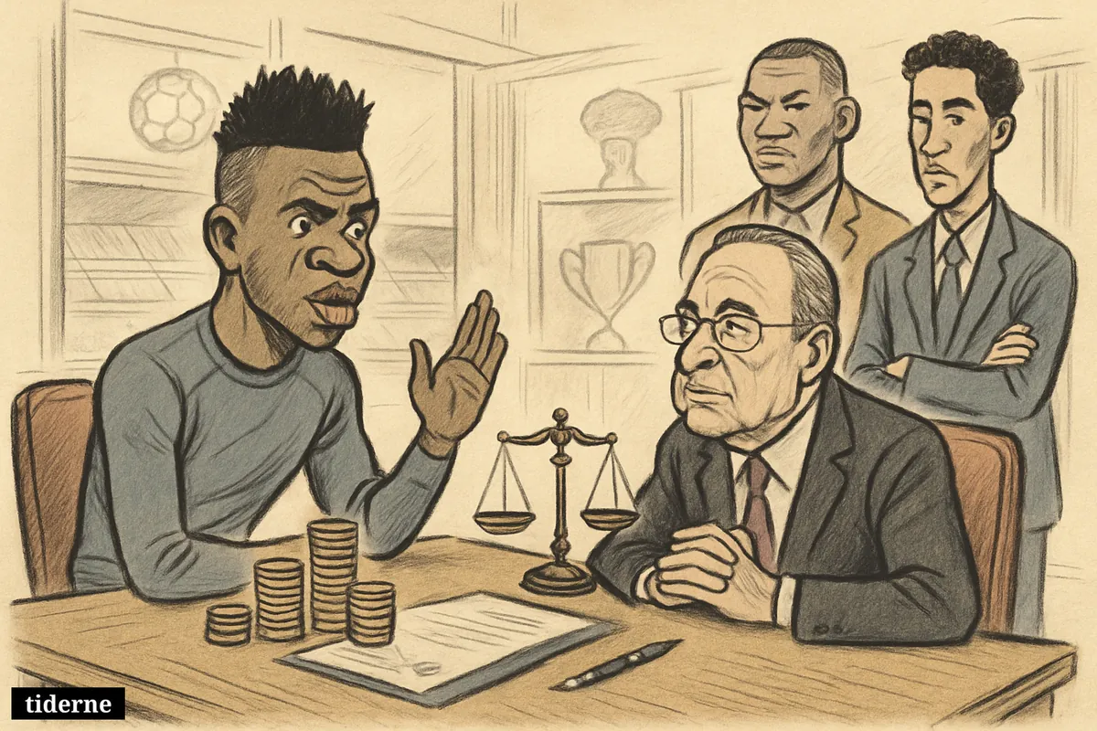 Vinícius Júnior negotiates across a boardroom table with Florentino Pérez while Mbappé and Bellingham watch beside scales and money stacks. (AI-genereret illustration)