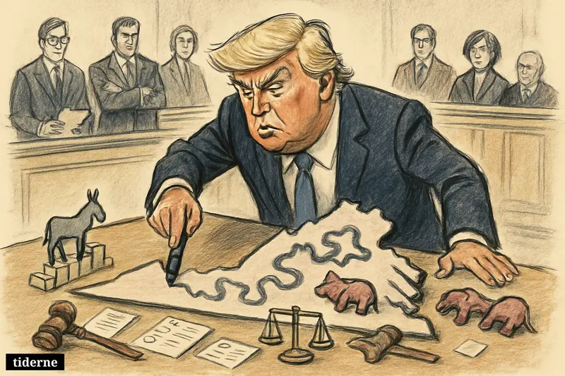Donald Trump looms over a Virginia-shaped redistricting table as district lines, court symbols, and shifting House seats suggest Democratic gains.