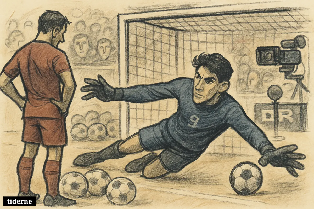 Caricature of goalkeeper Yassine Bounou saving a penalty as a frustrated shooter stands nearby in a tense World Cup stadium scene. (AI-genereret illustration)