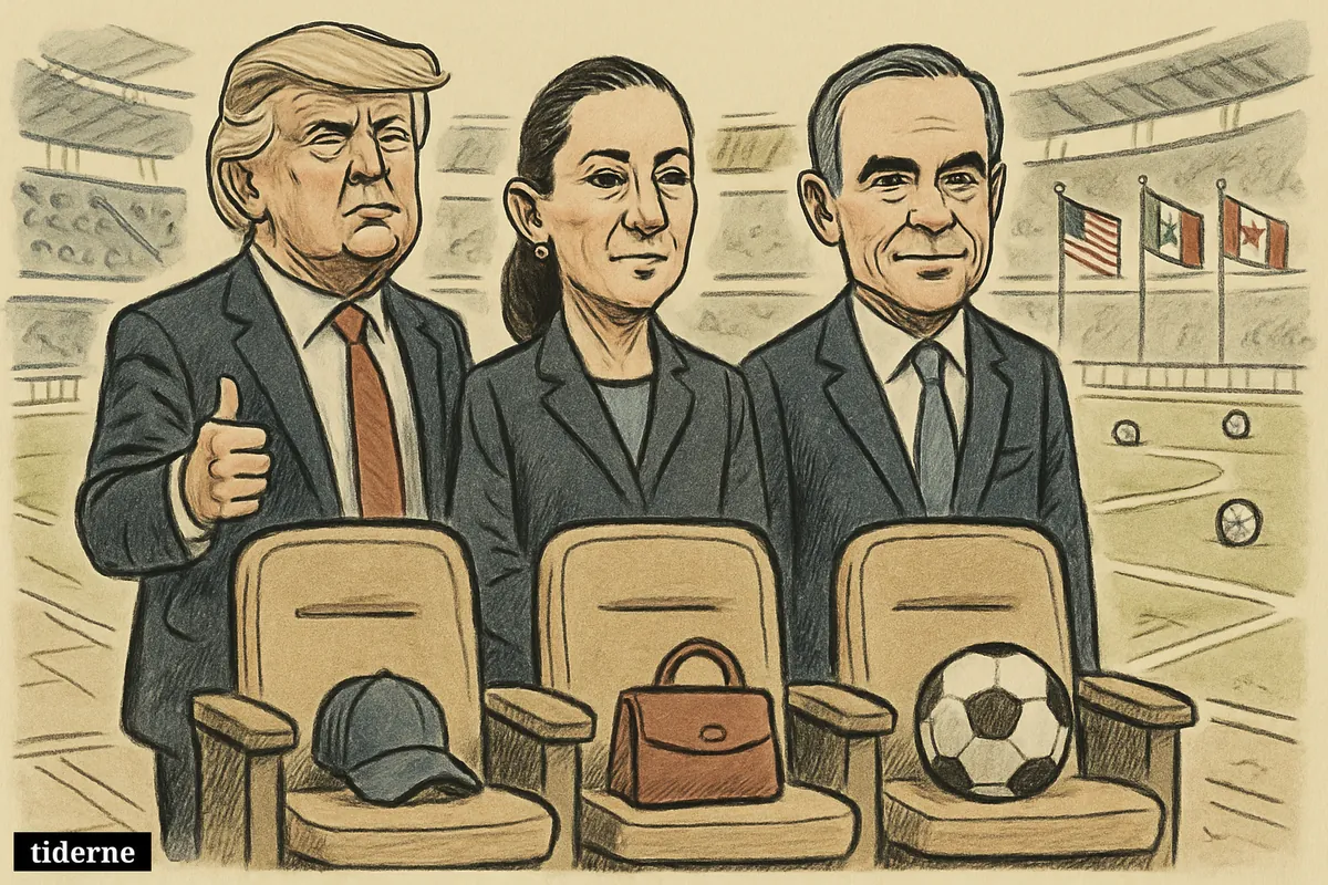 Three North American leaders as caricatures stand beside empty VIP seats in a football stadium before a World Cup opening match.
