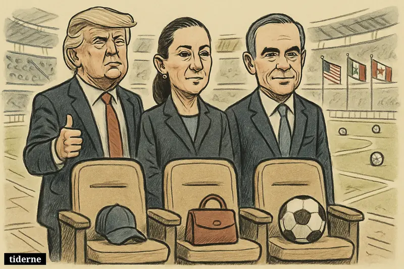 Three North American leaders as caricatures stand beside empty VIP seats in a football stadium before a World Cup opening match.
