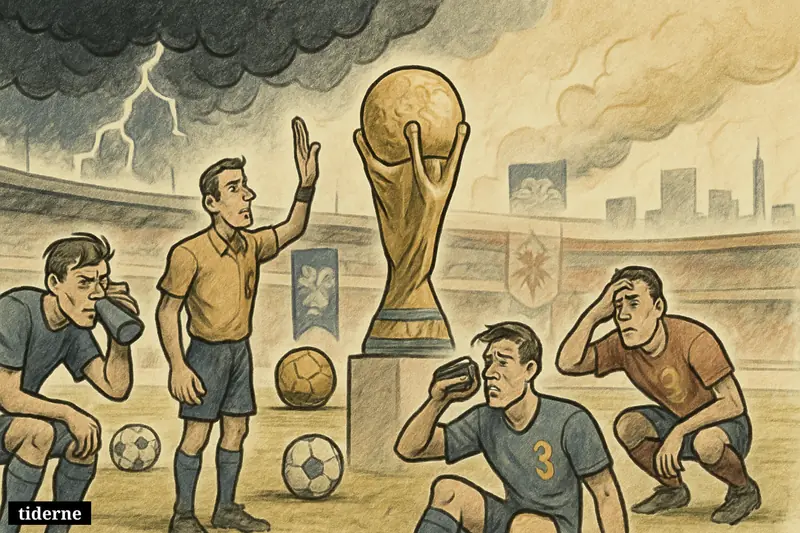 Football players in a stadium struggle with heat, lightning, and smoke as a major tournament faces dangerous weather disruptions.