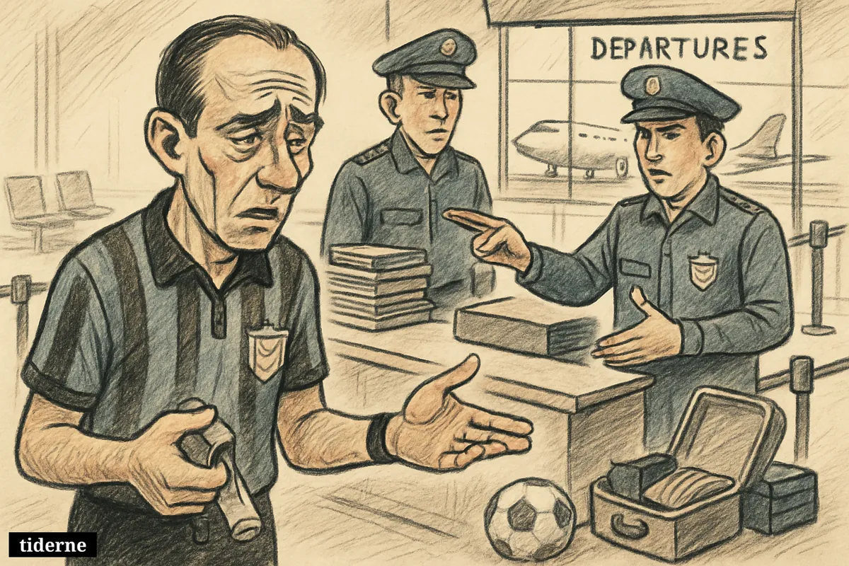 A frustrated football referee at an airport border counter is turned away by officers, with a suitcase, whistle, and plane visible nearby.