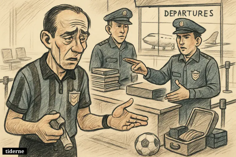 A frustrated football referee at an airport border counter is turned away by officers, with a suitcase, whistle, and plane visible nearby.