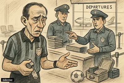 A frustrated football referee at an airport border counter is turned away by officers, with a suitcase, whistle, and plane visible nearby.