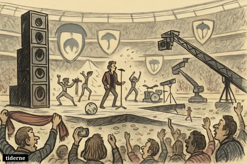 A football stadium becomes a huge halftime concert stage, with fans, dancers, cameras, music gear, and football props mixed on the pitch.