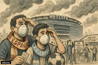 Masked football fans approach a smoky stadium in New York as Spain and Argentina supporters prepare for the World Cup final. (AI-genereret illustration)