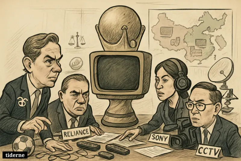 Corporate caricature negotiators argue around a blank trophy-shaped television as China and India fans wait for World Cup broadcasts.