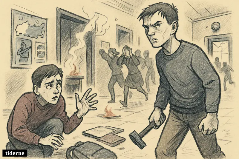 A school corridor with terrified students, one attacker holding a hammer, smoke from a classroom, and war imagery creeping into the school setting.