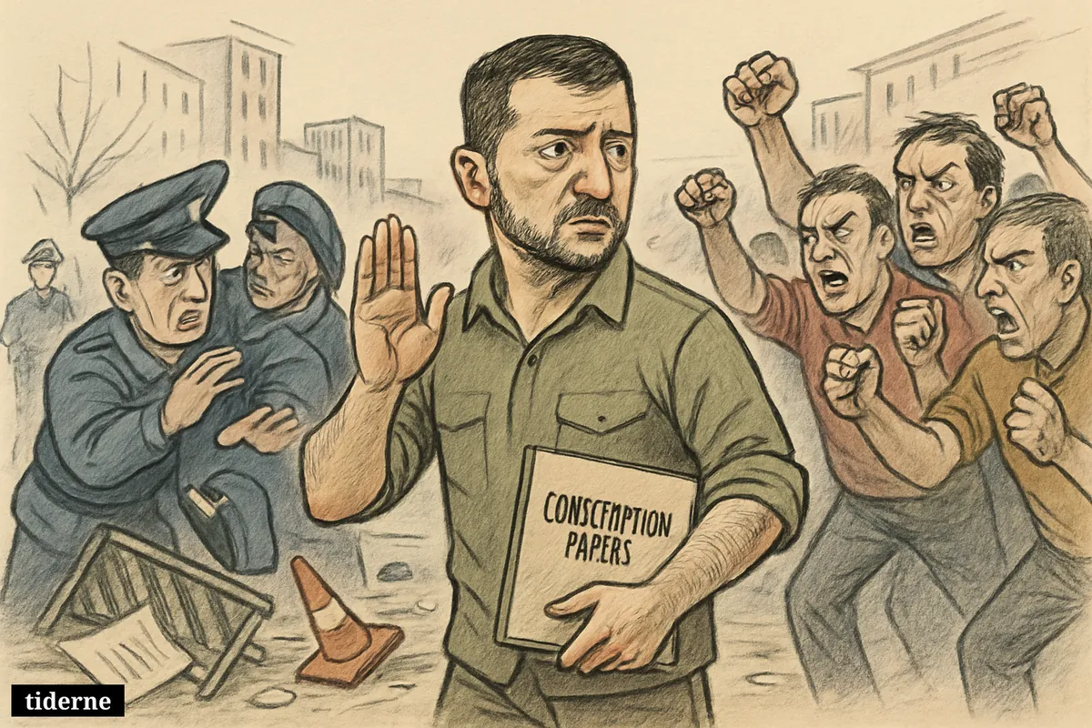 Caricature of Zelenskyj amid angry civilians confronting recruitment officers on a damaged Ukrainian city street, showing war fatigue and violent resistance. (AI-genereret illustration)