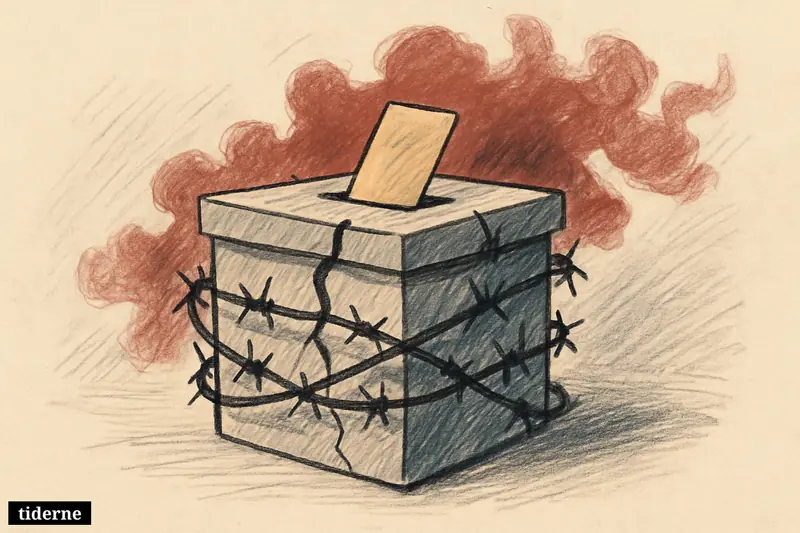 A fractured ballot box sits in darkness, encircled by barbed shadows and faint red smoke on a black background