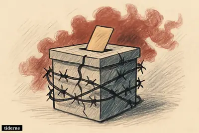 A fractured ballot box sits in darkness, encircled by barbed shadows and faint red smoke on a black background