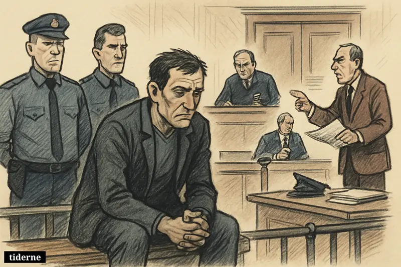 A worried man in custody sits in a courtroom between police officers as a prosecutor and judge conduct a closed hearing. (AI-genereret illustration)