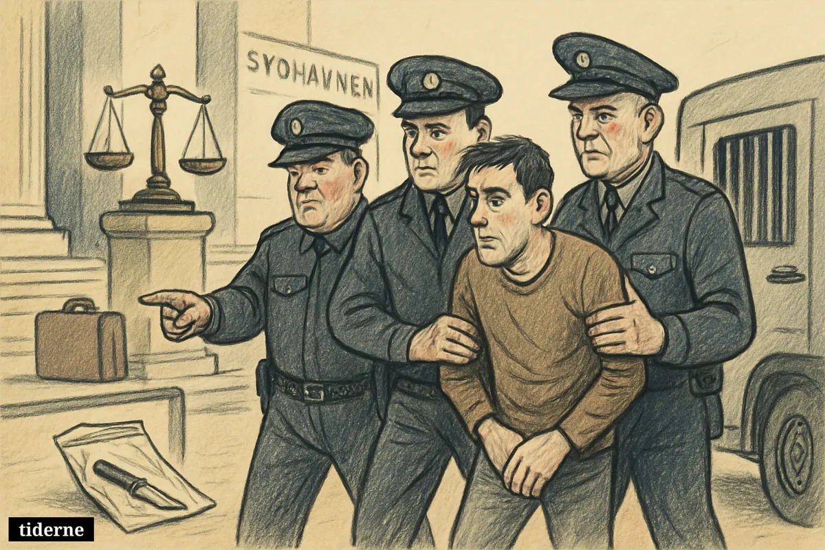 Police escort a dejected suspect from a courthouse toward a prison van, with legal symbols, an evidence bag, and a suitcase nearby.