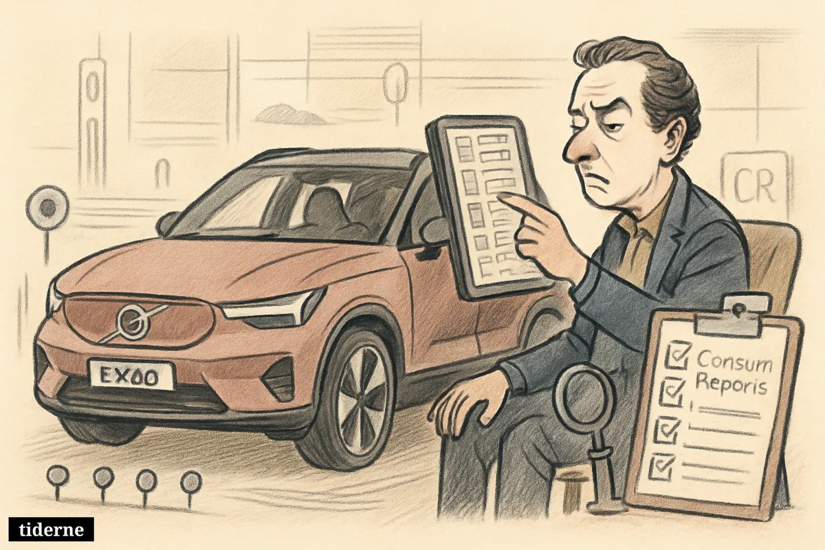 A caricature of a Volvo EX40 with a comfortable interior while a frustrated driver reaches for a confusing oversized touchscreen display. (AI-genereret illustration)
