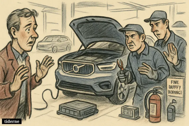 A caricature of a Volvo hybrid SUV in a workshop, unplugged and being inspected by mechanics while a concerned owner stands back.