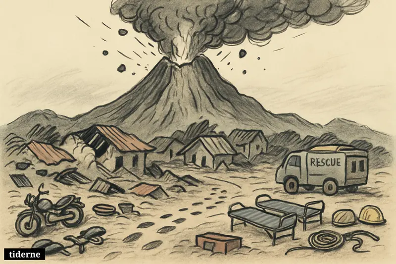 An erupting volcano towers over an ash-covered village with damaged homes, rescue gear, and evacuation traces across the devastated landscape.