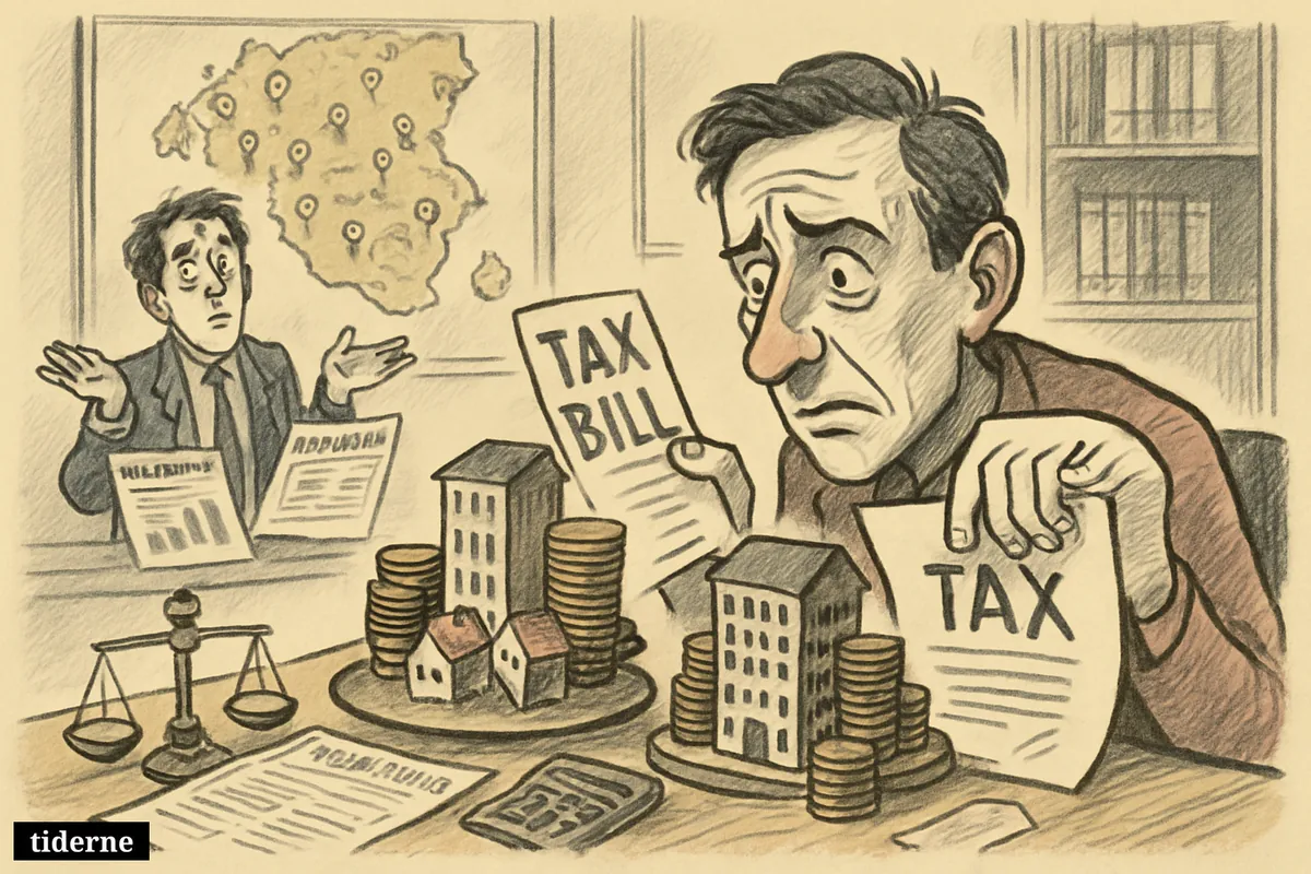 A worried apartment owner and frazzled tax clerk in a municipal office surrounded by flawed housing assessments, coins, maps, and uneven tax symbols. (AI-genereret illustration)