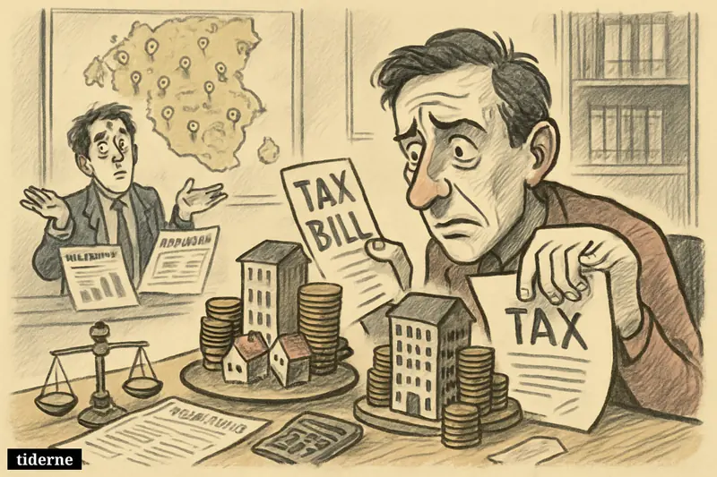 A worried apartment owner and frazzled tax clerk in a municipal office surrounded by flawed housing assessments, coins, maps, and uneven tax symbols. (AI-genereret illustration)