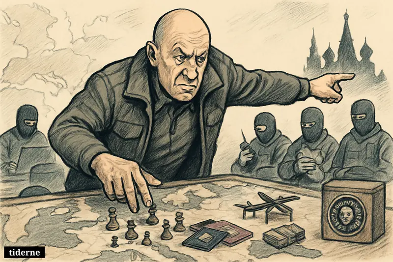 Caricature of Jevgenij Prigozjin directing covert operatives over a map of Europe with Wagner gear, drones, cables, and Kremlin symbolism.