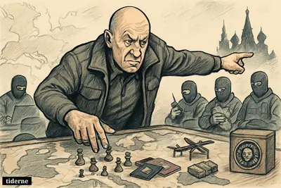 Caricature of Jevgenij Prigozjin directing covert operatives over a map of Europe with Wagner gear, drones, cables, and Kremlin symbolism.