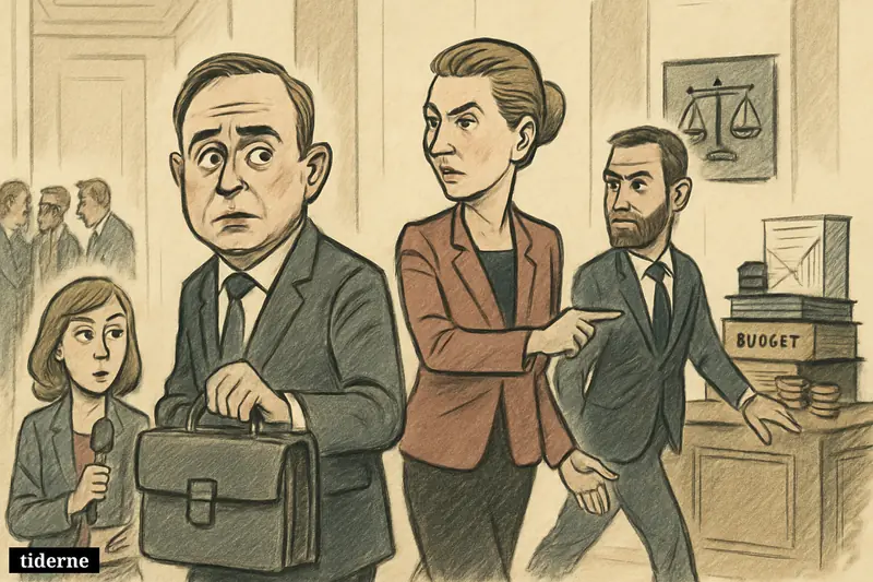 Caricature of Wammen surprised in a government hallway as Frederiksen redirects him and Hummelgaard steps toward the finance office.