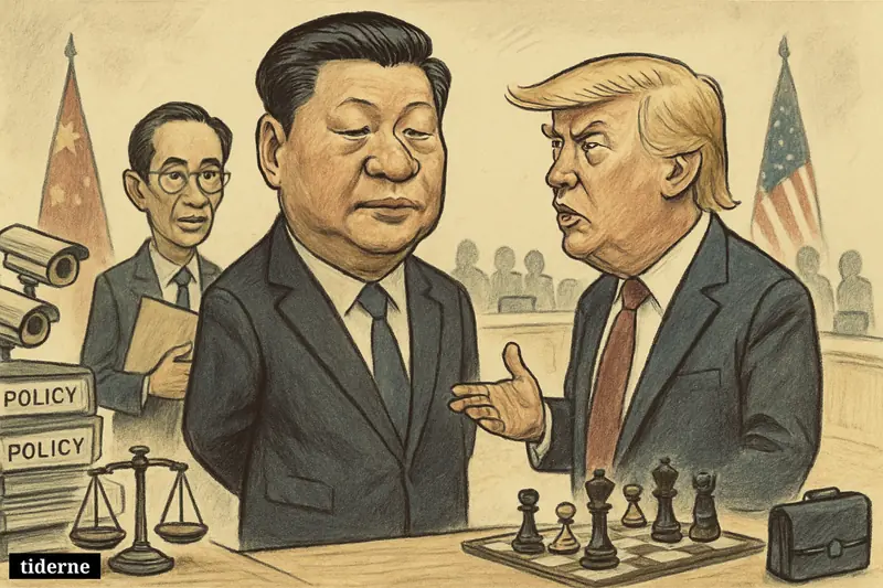 Xi Jinping and Donald Trump face off at a summit while Wang Huning stands just behind Xi, quietly controlling a tense policy-heavy scene.