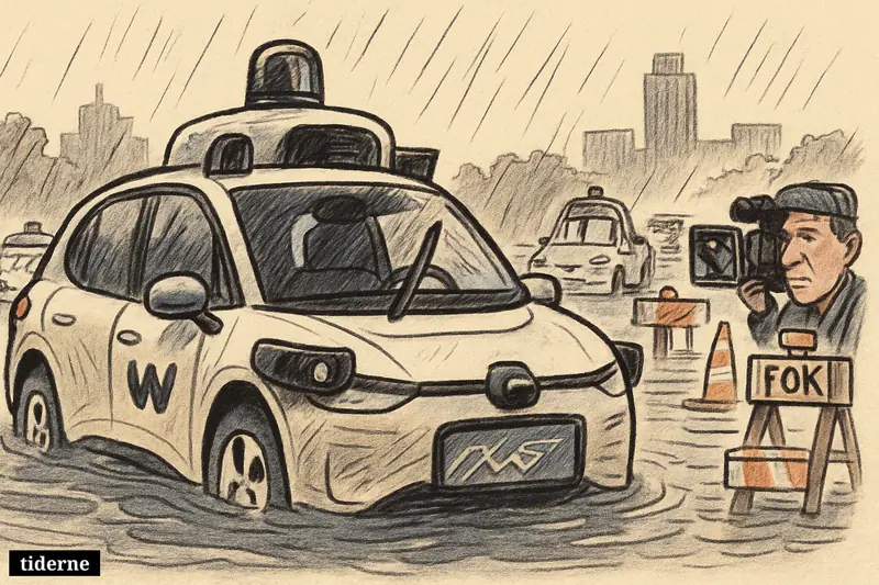 A Waymo-style robotaxi sits stuck in floodwater while other autonomous cars pause behind it on a rain-soaked American city street.