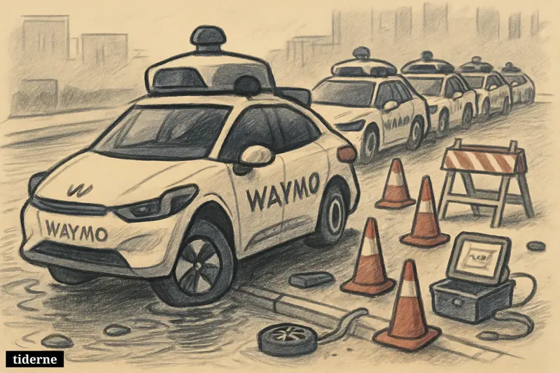 Several Waymo robotaxis with oversized sensors stop before a flooded street, while safety cones and repair tools suggest a recall.