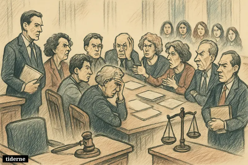 A divided jury argues around a courtroom table while lawyers watch and an empty witness stand underscores a mistrial in New York.