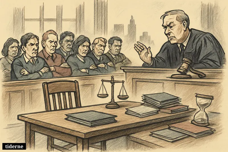 A courtroom caricature shows an empty defendant’s chair, a stern judge, and a divided jury facing away from each other in deadlock.