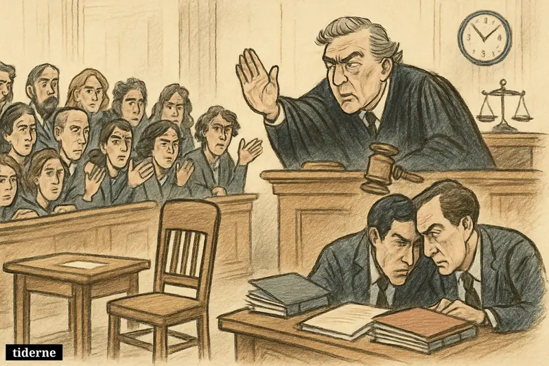 A tense courtroom with a judge stopping proceedings, divided jurors, prosecutors conferring, and an empty defendant’s chair in the foreground.