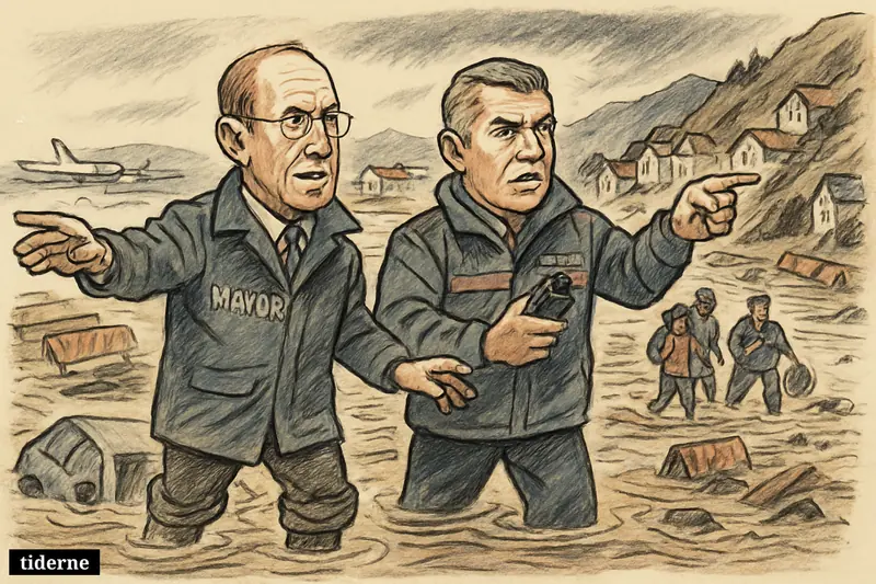 Andrew Little and Mark Mitchell stand in floodwater directing evacuations on a Wellington street, with submerged cars, residents fleeing, landslide risk, and airport disruption.
