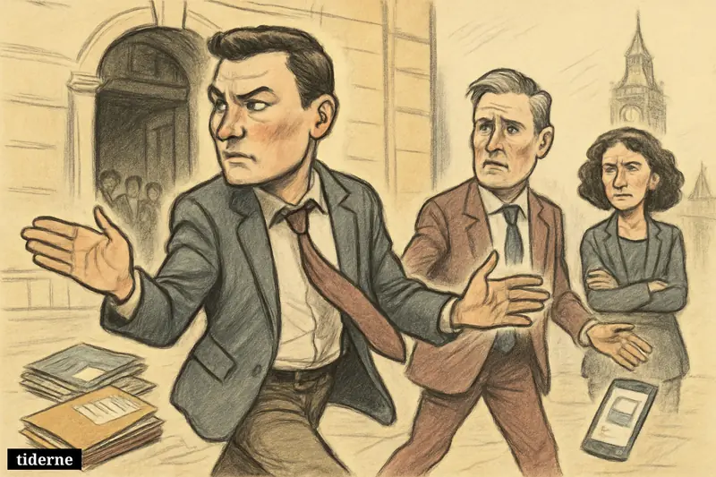 Caricature of Wes Streeting walking away from Keir Starmer outside government offices as Labour colleagues watch a visible leadership rupture.