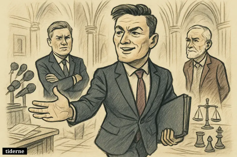 Wes Streeting strides forward in Westminster as Starmer watches tensely and Corbyn observes behind, surrounded by press and political symbols.