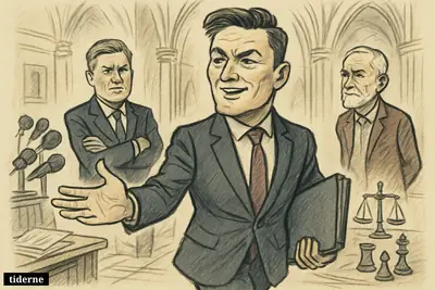 Wes Streeting strides forward in Westminster as Starmer watches tensely and Corbyn observes behind, surrounded by press and political symbols.