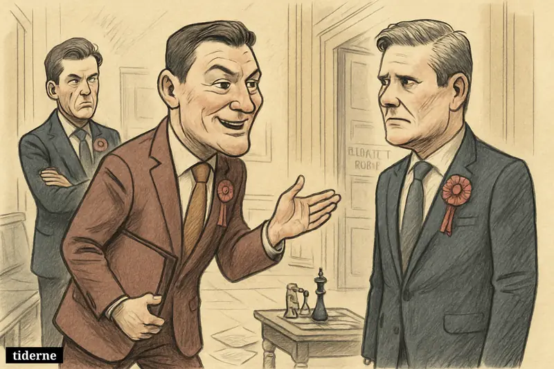 Wes Streeting confronts Keir Starmer in a Westminster corridor while Andy Burnham watches, suggesting a Labour leadership struggle.