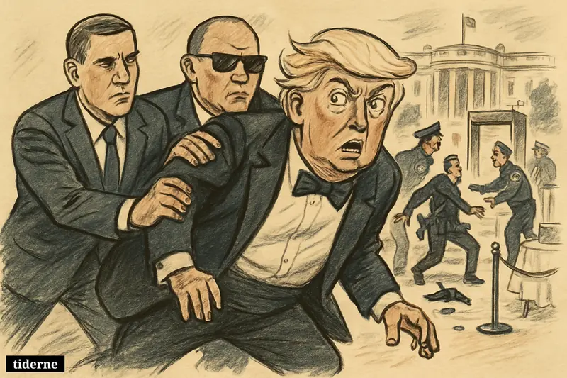 Donald Trump in a startled caricature is rushed away by Secret Service as police confront an armed suspect at a White House security checkpoint.