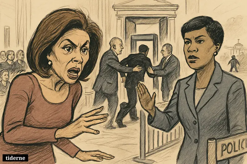 Jeanine Pirro and Muriel Bowser stand prominently at a White House ballroom checkpoint as security agents stop a suspect and guests react in alarm.