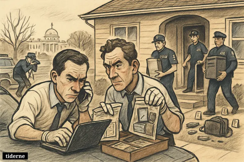 Police investigators raid a suburban house, collecting electronics and evidence, while a distant White House connects the search to a Washington shooting probe.
