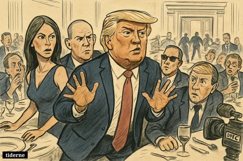 Caricature of Donald and Melania Trump being rushed from a crowded ballroom as anxious dinner guests react to a security scare.