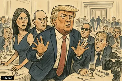 Caricature of Donald and Melania Trump being rushed from a crowded ballroom as anxious dinner guests react to a security scare.