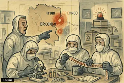 Protective-suited health workers in an emergency room study an Ebola outbreak map of eastern DR Congo with quarantine and laboratory equipment.