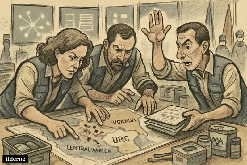 Caricature of health officials in an emergency room coordinating an Ebola outbreak response across DR Congo and Uganda.