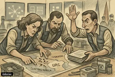 Caricature of health officials in an emergency room coordinating an Ebola outbreak response across DR Congo and Uganda.