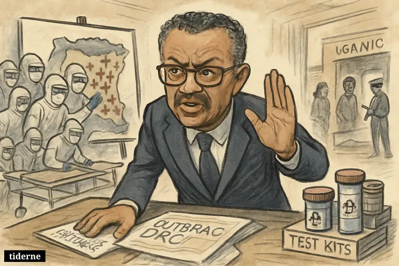 Caricature of Tedros warning at a health briefing as protective-suit workers track a growing Ebola outbreak in DR Congo.