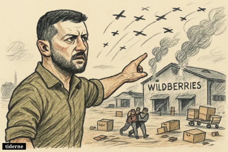 Caricature of Volodymyr Zelenskyj watching drones strike warehouse logistics hubs as workers evacuate among parcels and damaged loading docks. (AI-genereret illustration)