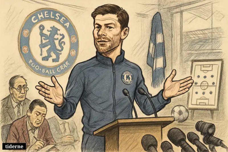Caricature of Xabi Alonso addressing reporters at his first Chelsea press conference, with microphones, football props, and subtle stadium-training references. (AI-genereret illustration)