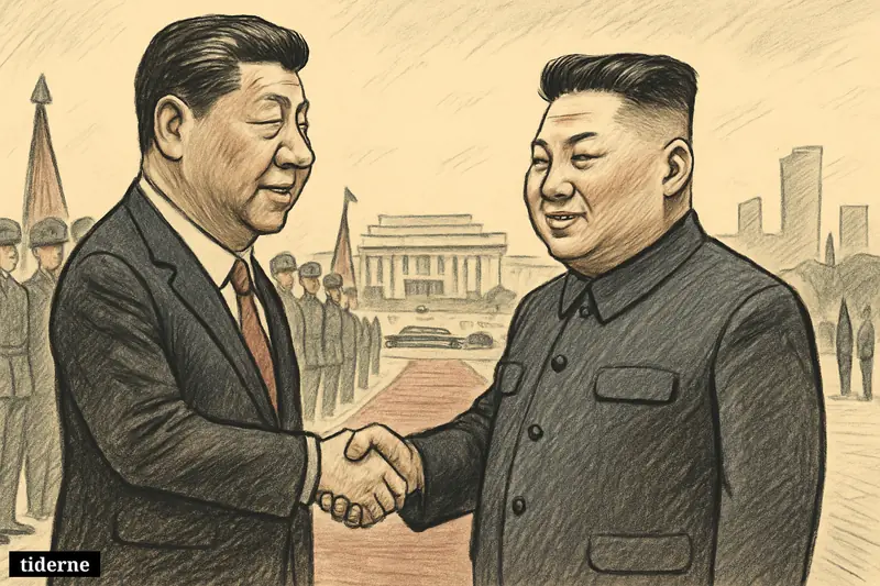 Xi Jinping and Kim Jong Un shake hands during a formal state visit ceremony in Pyongyang, with honor guards and official buildings behind them.