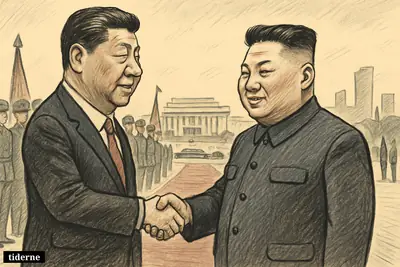 Xi Jinping and Kim Jong Un shake hands during a formal state visit ceremony in Pyongyang, with honor guards and official buildings behind them.